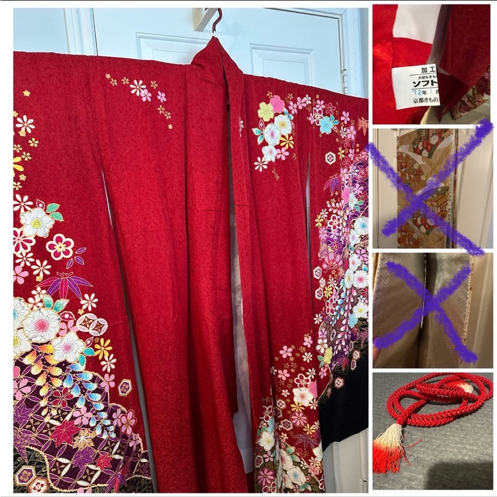 Gorgeous Japanese furisode kimono, red silk, 174.5 cm/68.7in and obijime